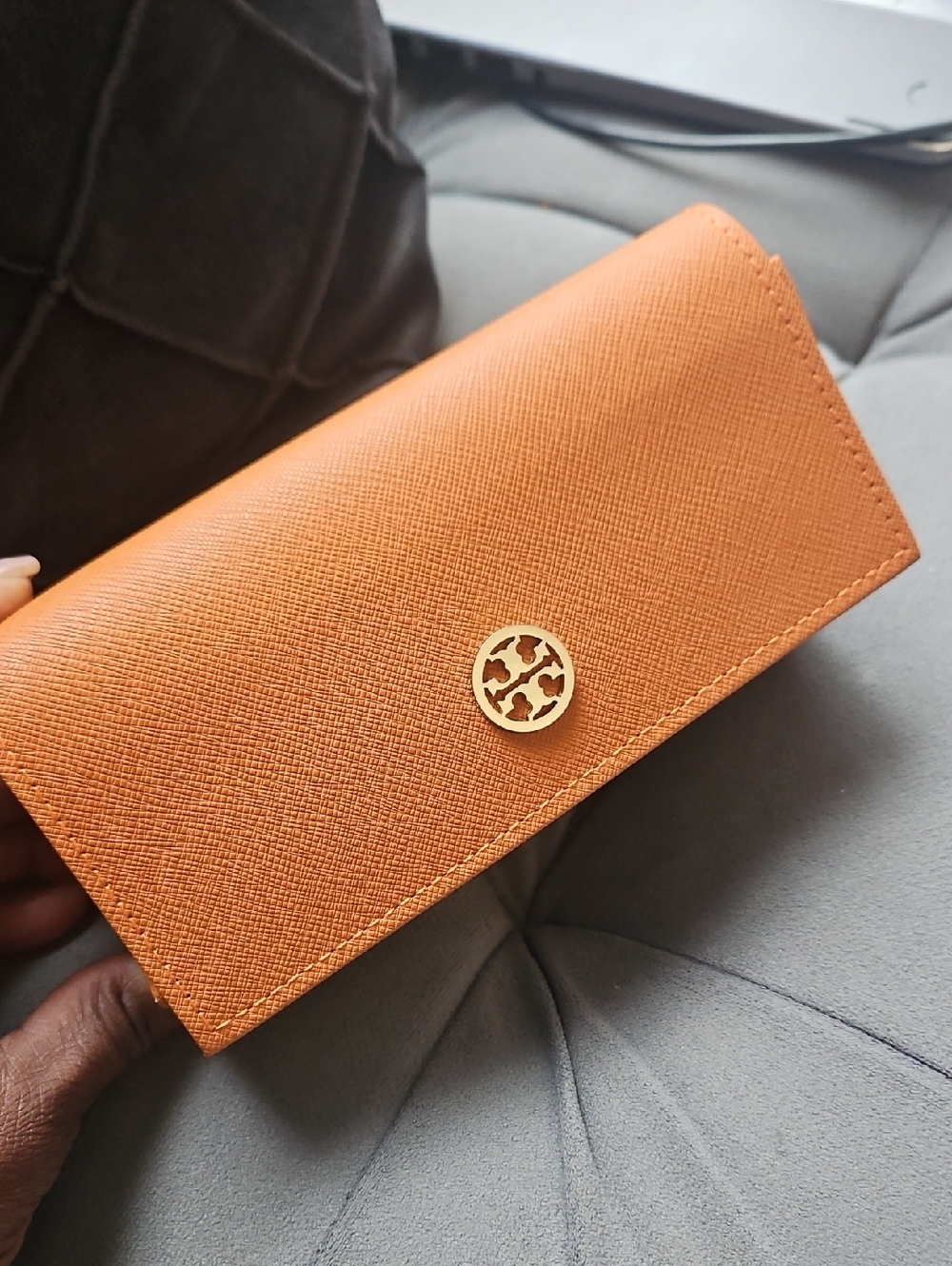 Tory Burch Orange Saffiano Leather Continental Sun Glasses Case with Gold Logo